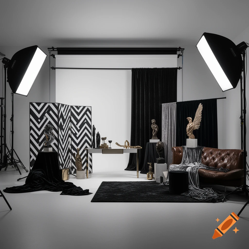 A photography studio setup with a white backdrop, black and white chevron screens, black drapes, studio lights, and various statues, a brown leather couch, and a table.