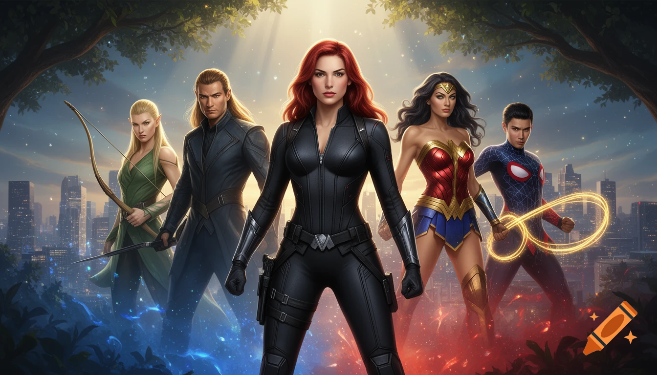 Black Widow, Wonder Woman, Miles Morales, and two elves stand heroically before a city skyline at dusk, digital art.