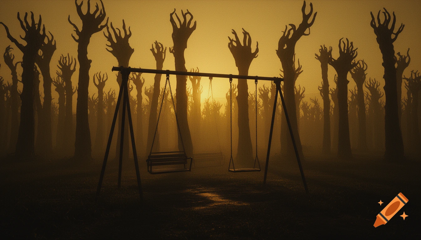 Empty swing set in a foggy, surreal landscape with distorted, hand-like trees under amber light, creating a melancholic atmosphere.