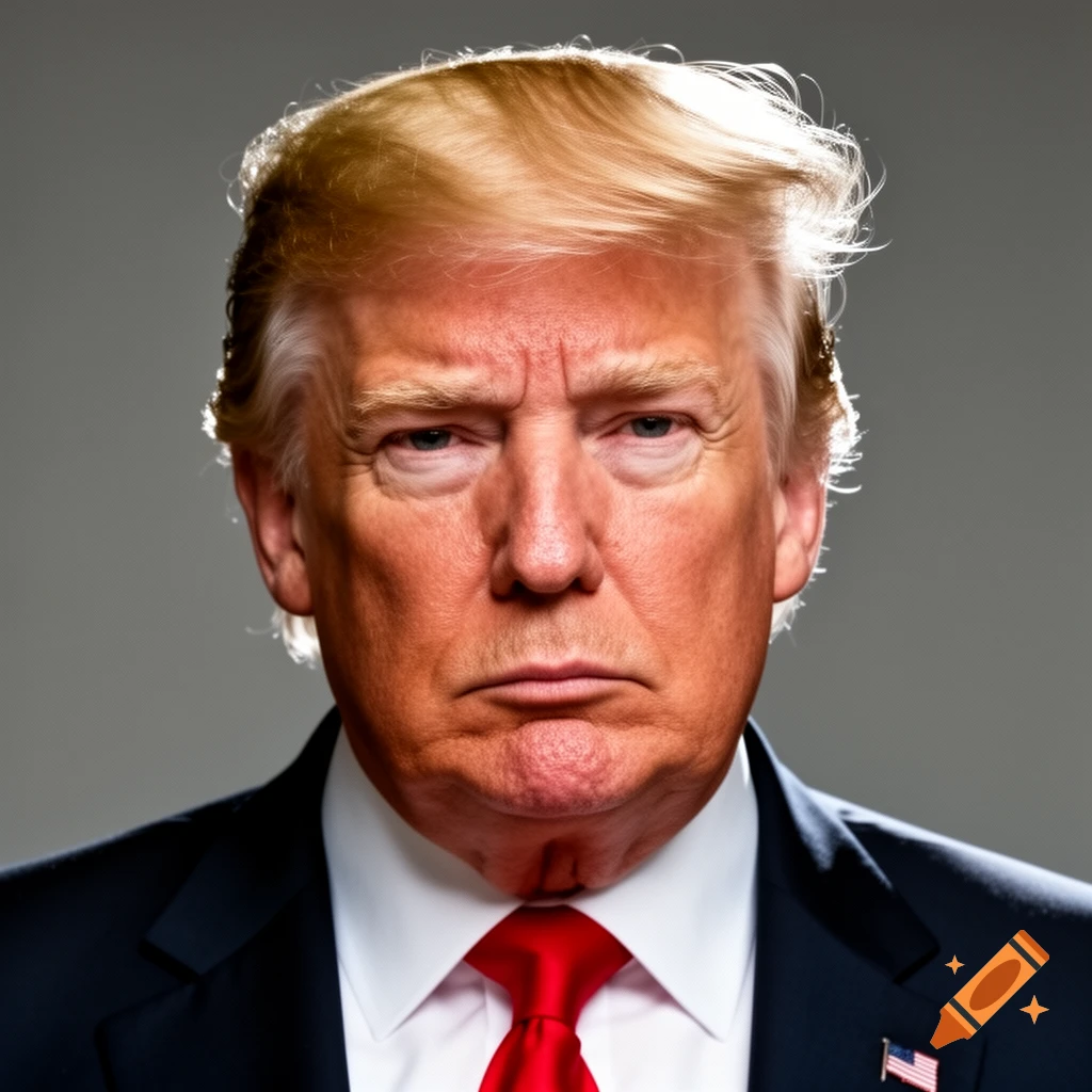 Photorealistic portrait of Donald Trump looking directly at the viewer with a serious expression.