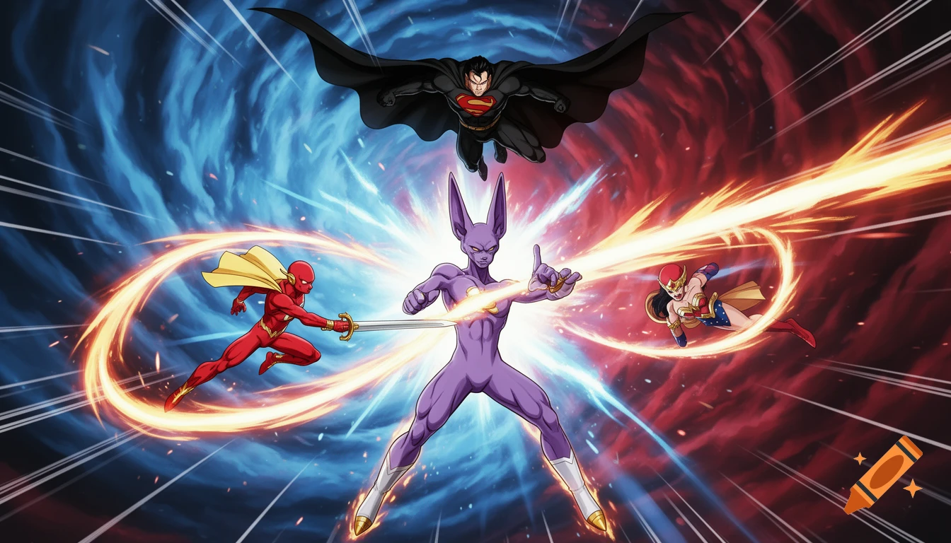 Superman, Beerus, Flash, and Wonder Woman in an action-packed anime-style battle with energy blasts and motion trails.