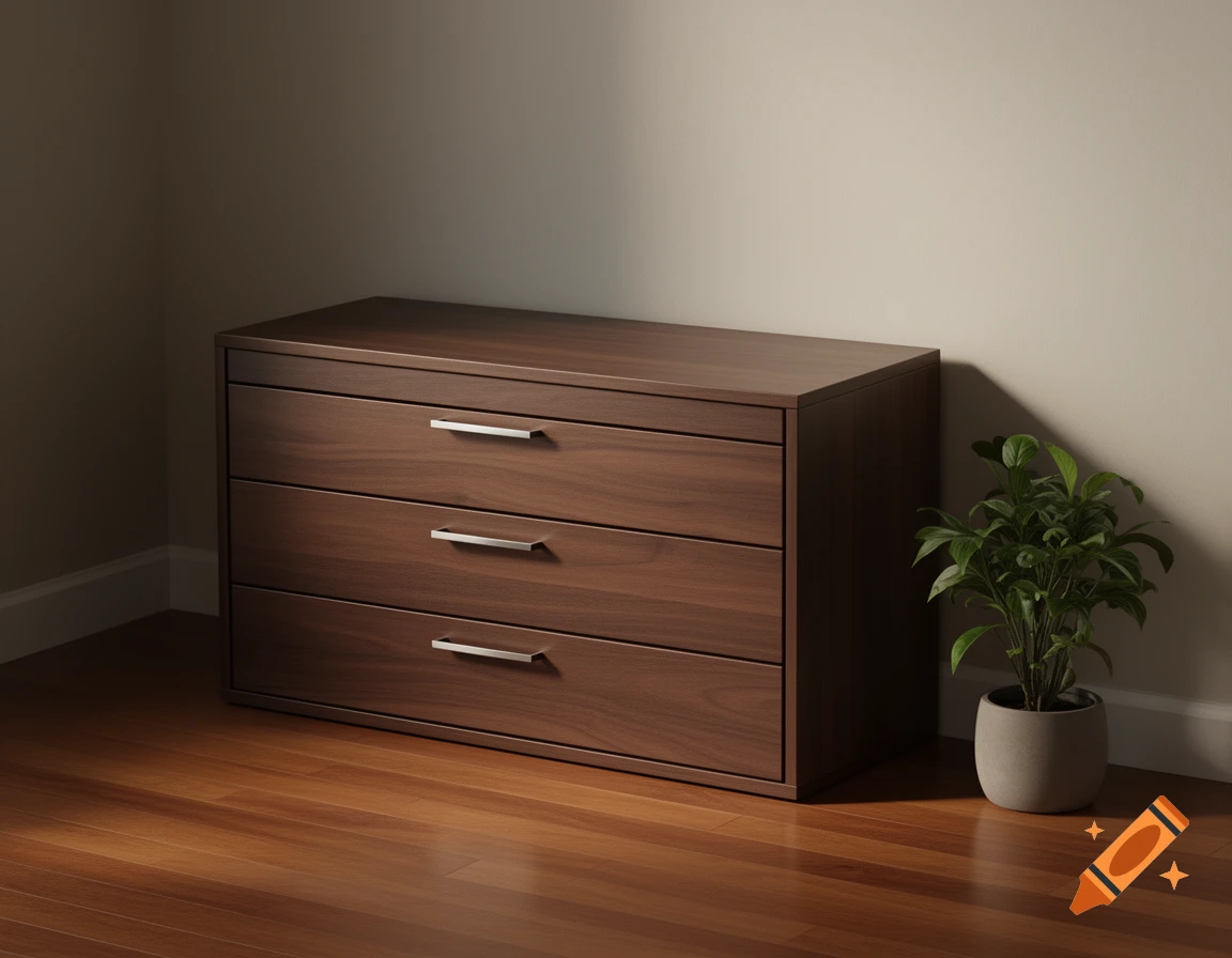 A modern dark brown wooden chest of drawers with three silver-handled drawers stands on a polished wood floor next to a green potted plant.