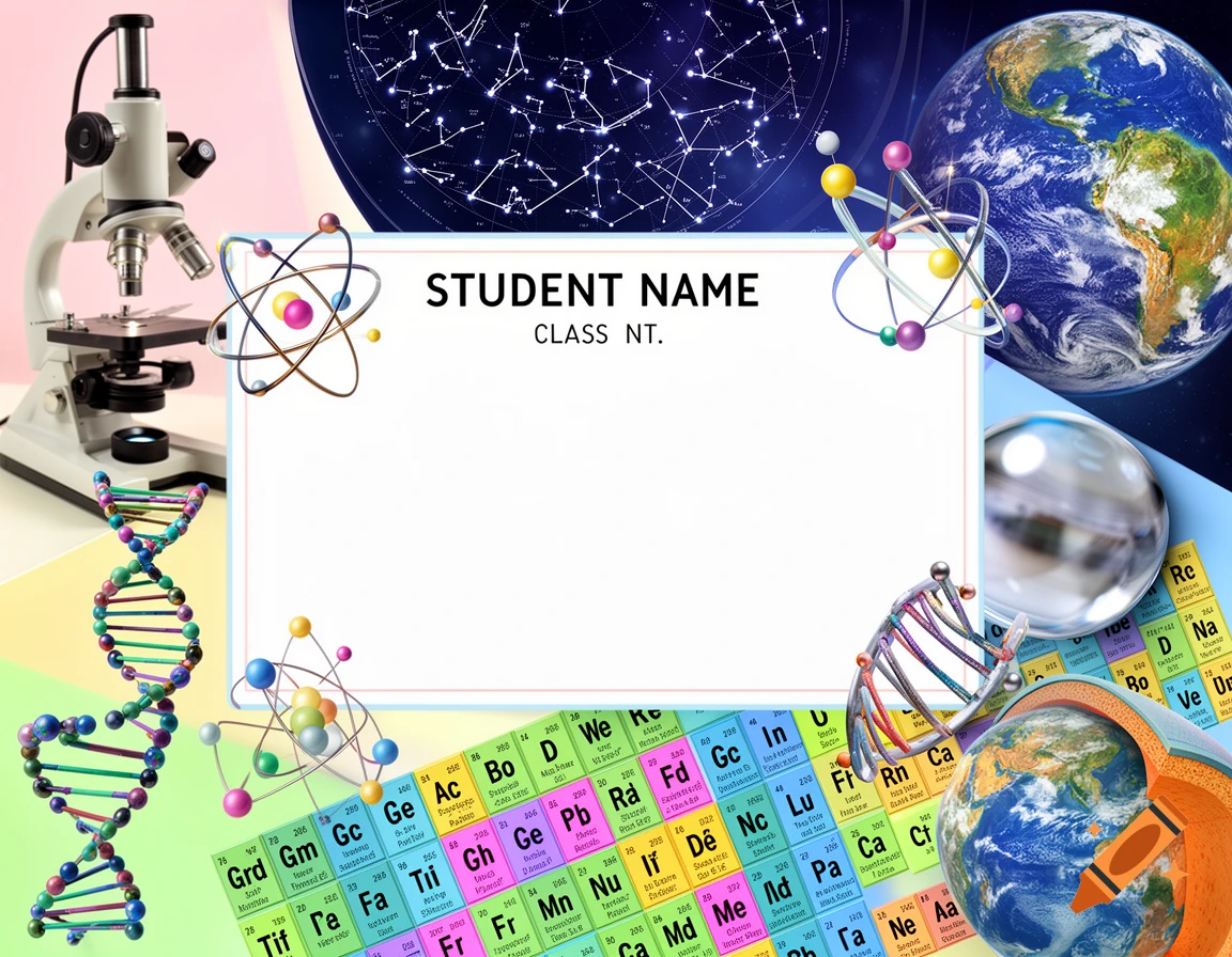 A colorful science-themed cover page template featuring a microscope, DNA helix, Earth, atomic models, and a periodic table surrounding a white text box.