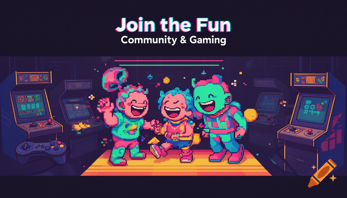 Three happy pixel-art characters laughing in an arcade, with text 'JOIN the FUN Community & Gaming'.