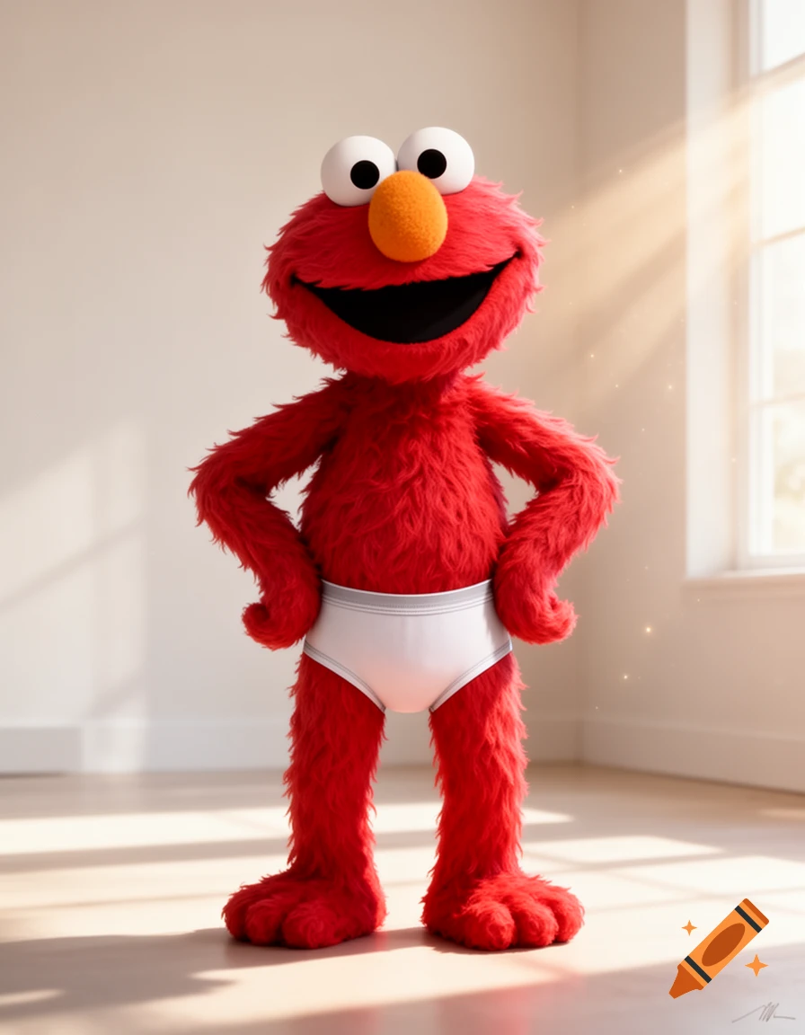 Red furry Elmo stands smiling in white briefs in a sunlit room with wooden floors.