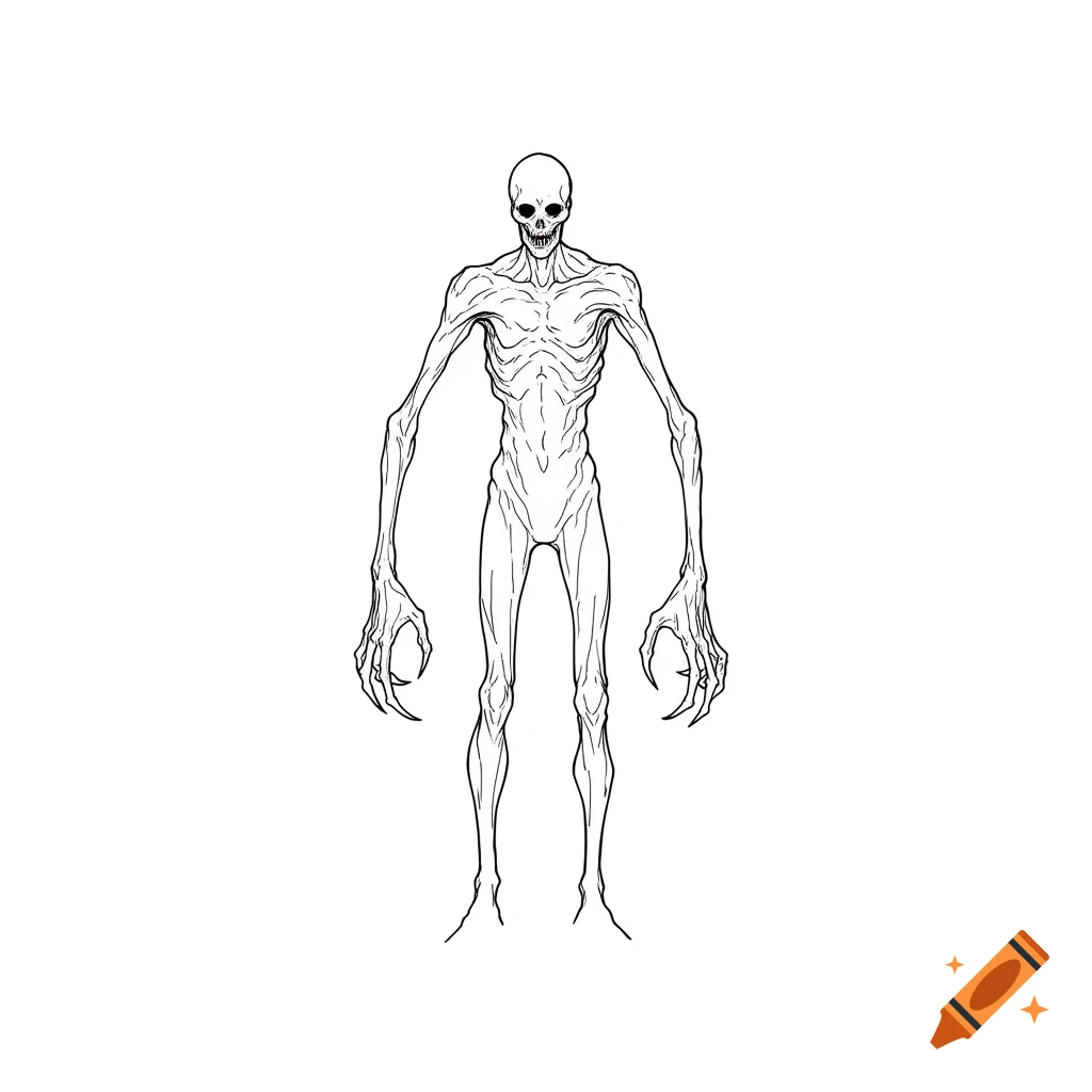 Line art drawing of a gaunt, skeletal horror monster with long limbs and claws, on a white background.