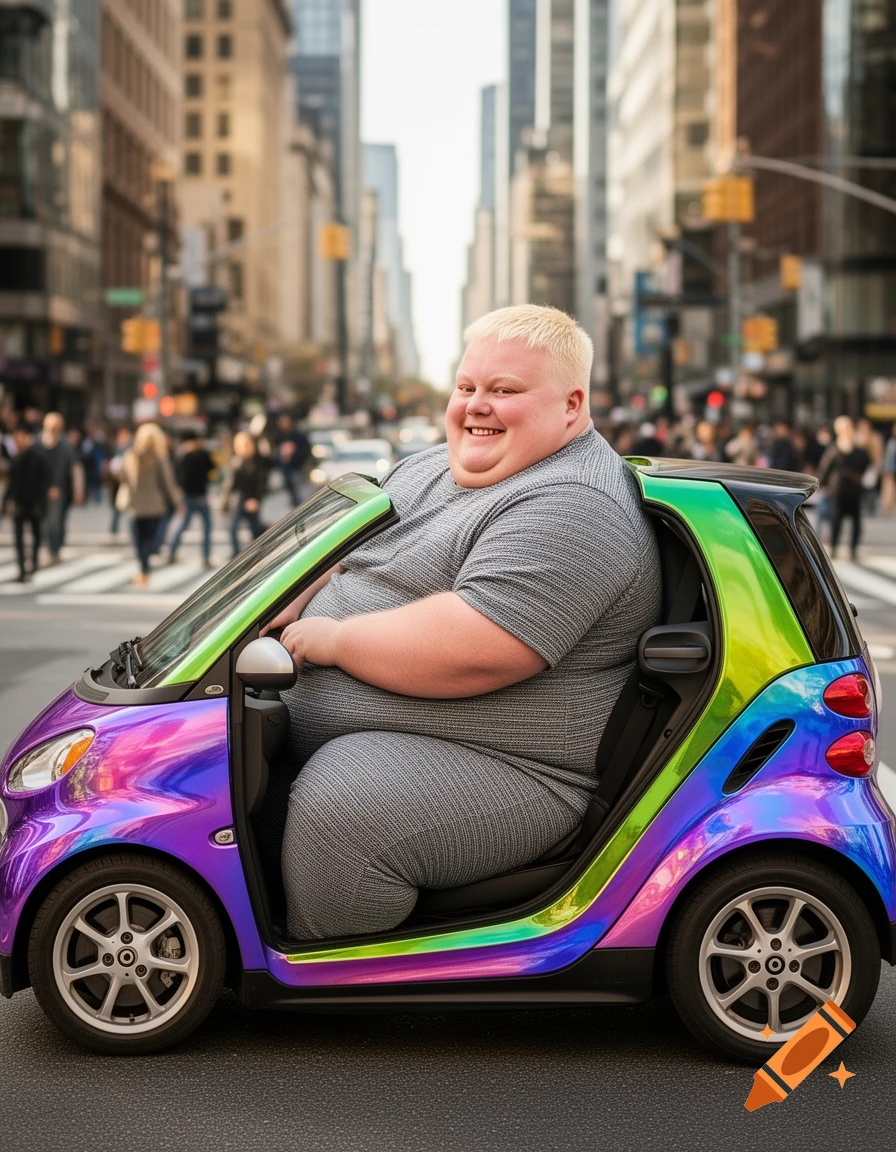 An overweight man with short blond hair smiles while comically squeezed into a tiny, iridescent Smart car on a city street.