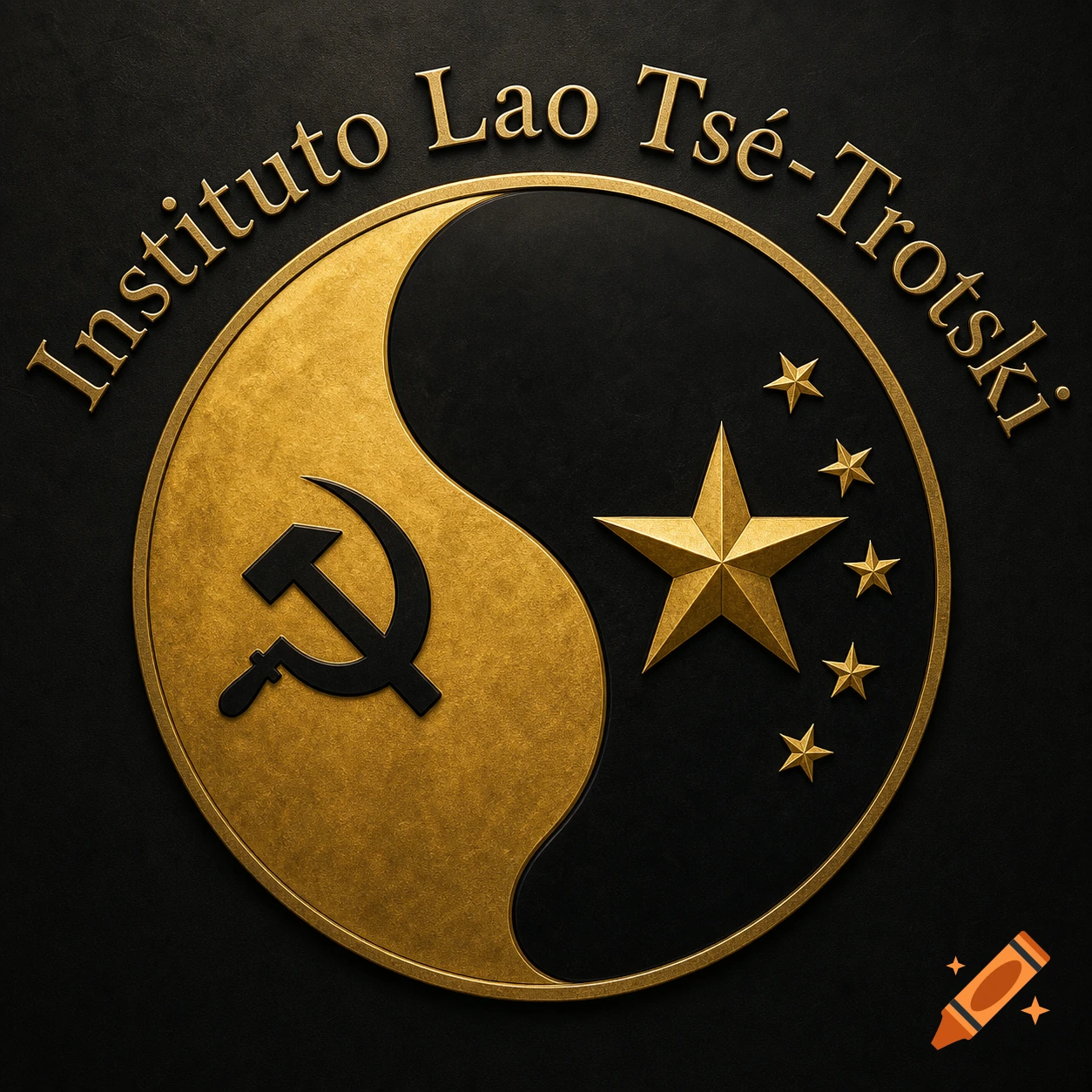A 3D metallic gold and black emblem, styled as a yin-yang, with a hammer and sickle, stars, and 'Instituto Lao Ts -Trotski' text.