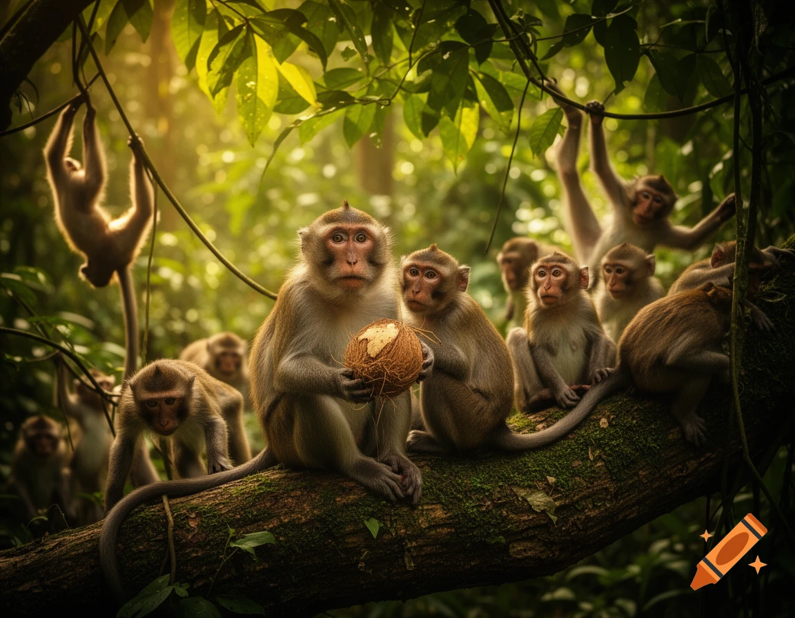 A group of macaque monkeys in a lush, sunlit jungle, with one in the foreground holding a coconut.