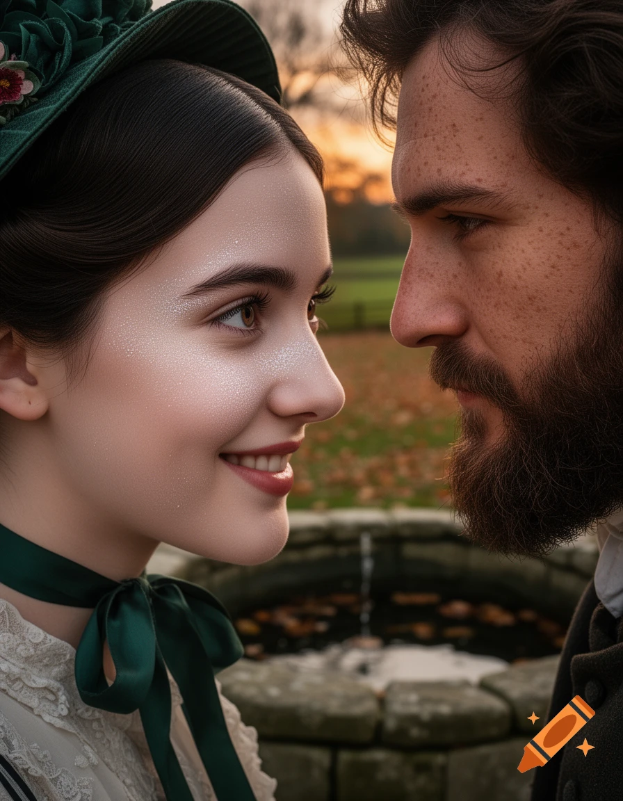 Photorealistic close-up portrait of a smiling young woman in a green bonnet gazing intimately at a bearded man by a stone well at autumn twilight.
