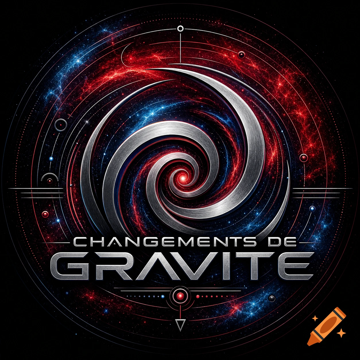 A metallic silver spiral logo against a dark background with swirling red and blue cosmic dust and abstract lines, text reads 'CHANGEMENTS DE GRAVITE'.
