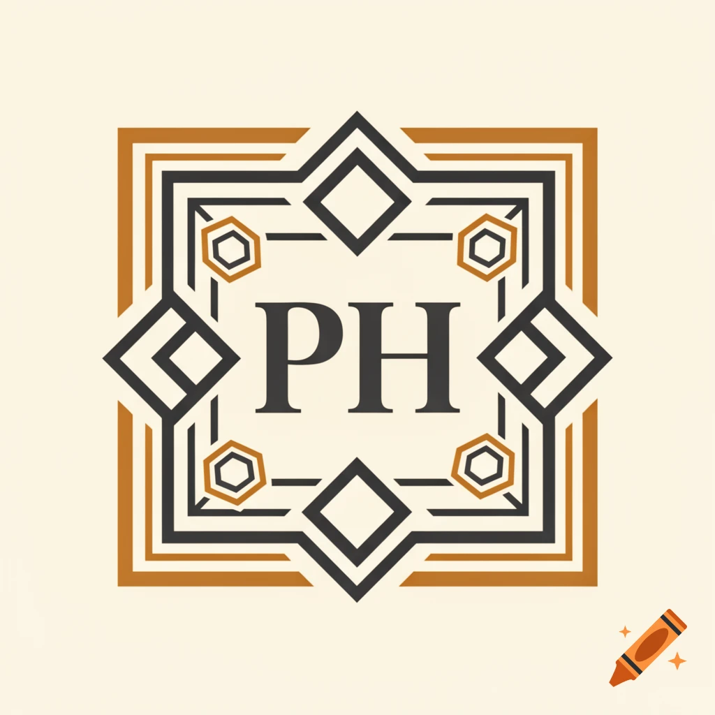 Monogram logo with dark grey initials 'PH' centered within a square frame of black and gold geometric, masculine-style patterns on a cream background.