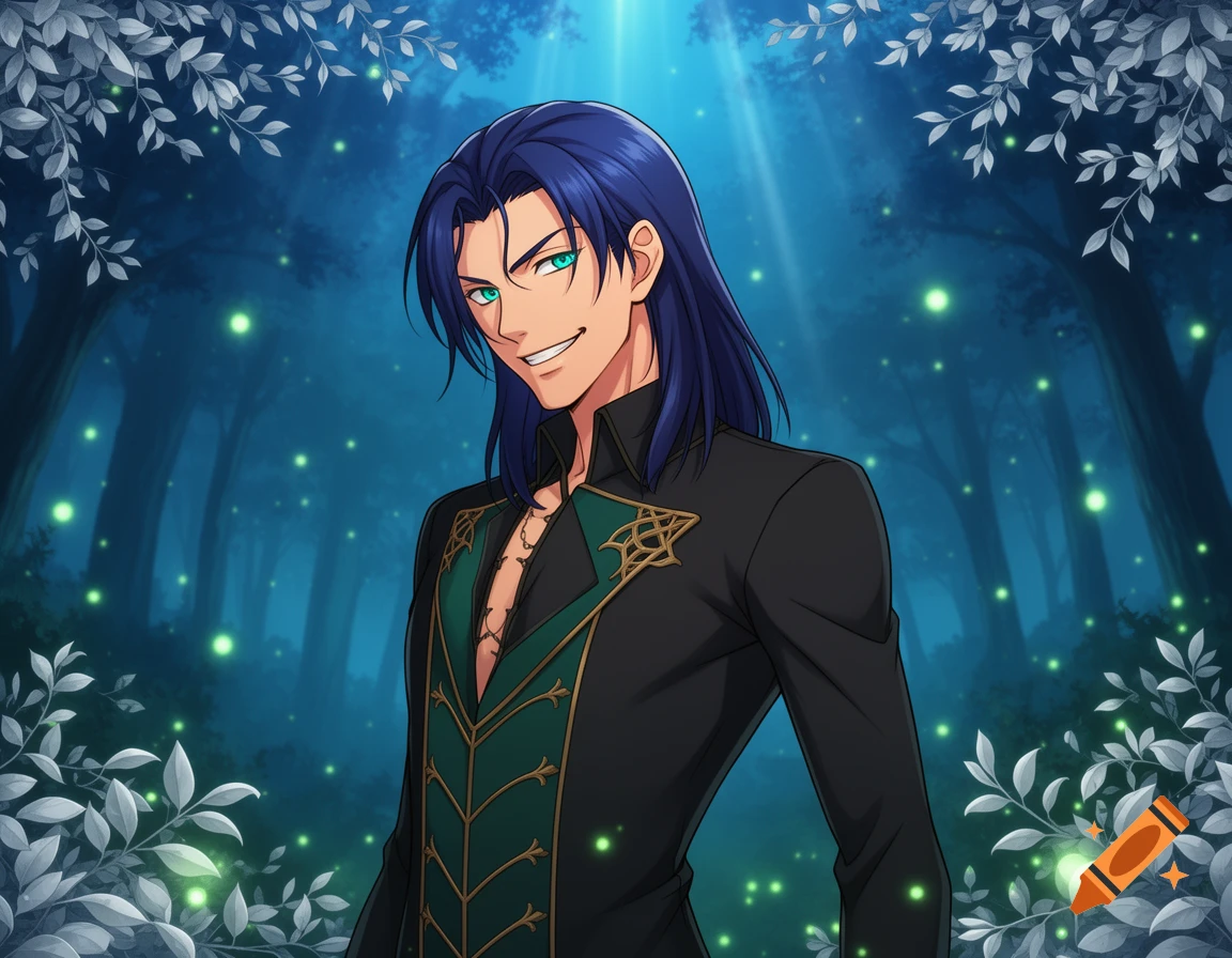An anime man with long dark blue hair, striking green eyes, and a confident smirk, dressed in a black and dark green, ornate outfit, stands in a mystical forest with glowing fireflies.