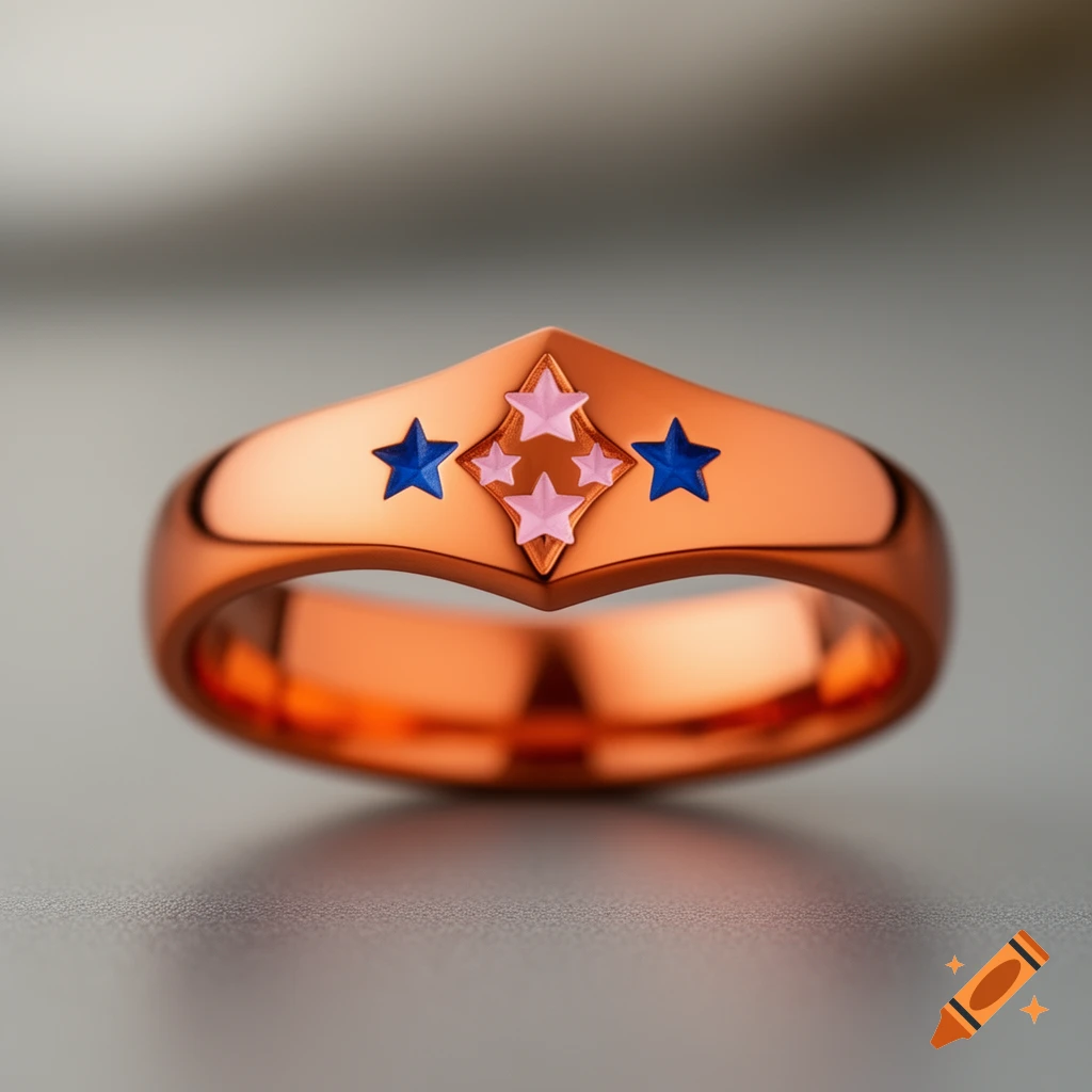 A close-up of a shiny, copper-colored ring with a pointed top, featuring four small pink stars in a diamond shape, flanked by two blue stars.