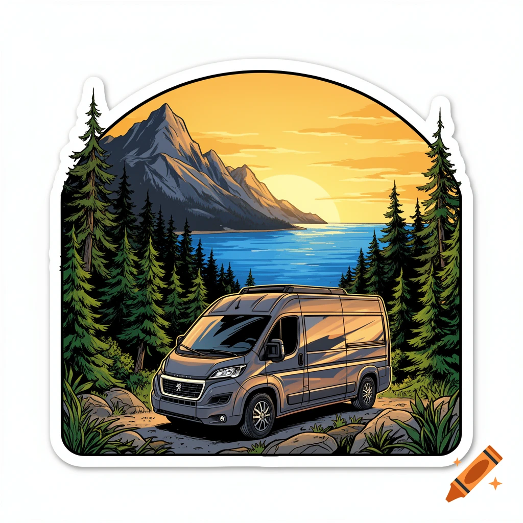 A vibrant comic book illustration of a grey camper van parked on a dirt path in a pine forest, overlooking a blue sea and majestic mountains at sunset.