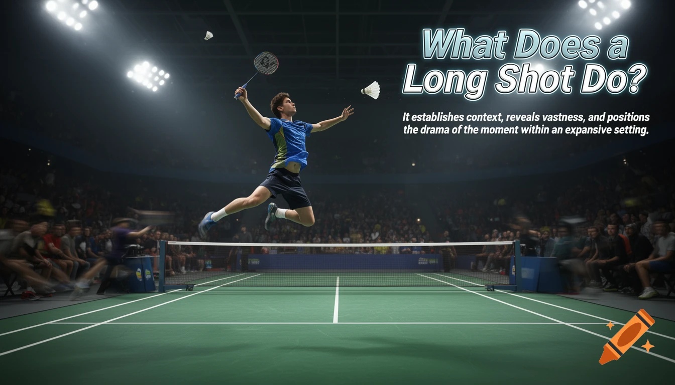 Photorealistic image of a male badminton player leaping to smash a shuttlecock on a brightly lit indoor court, with text 'What Does a Long Shot Do?'