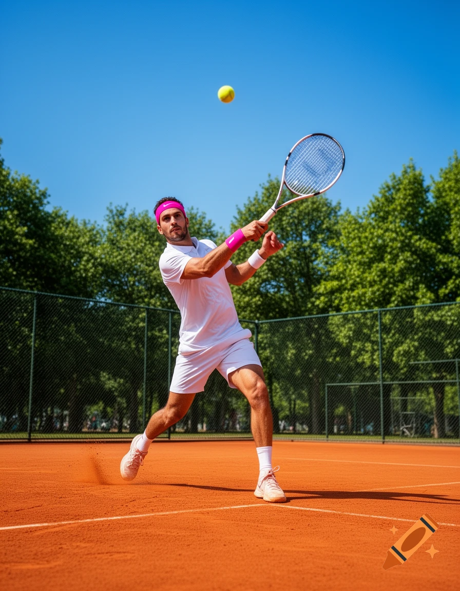 A male tennis player in white attire hits a tennis ball on a clay court under a clear blue sky. Photorealistic.