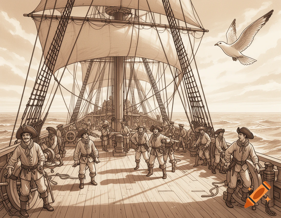 Sepia line art of sailors on the deck of an 1800s sailing ship with full sails and a flying seagull.