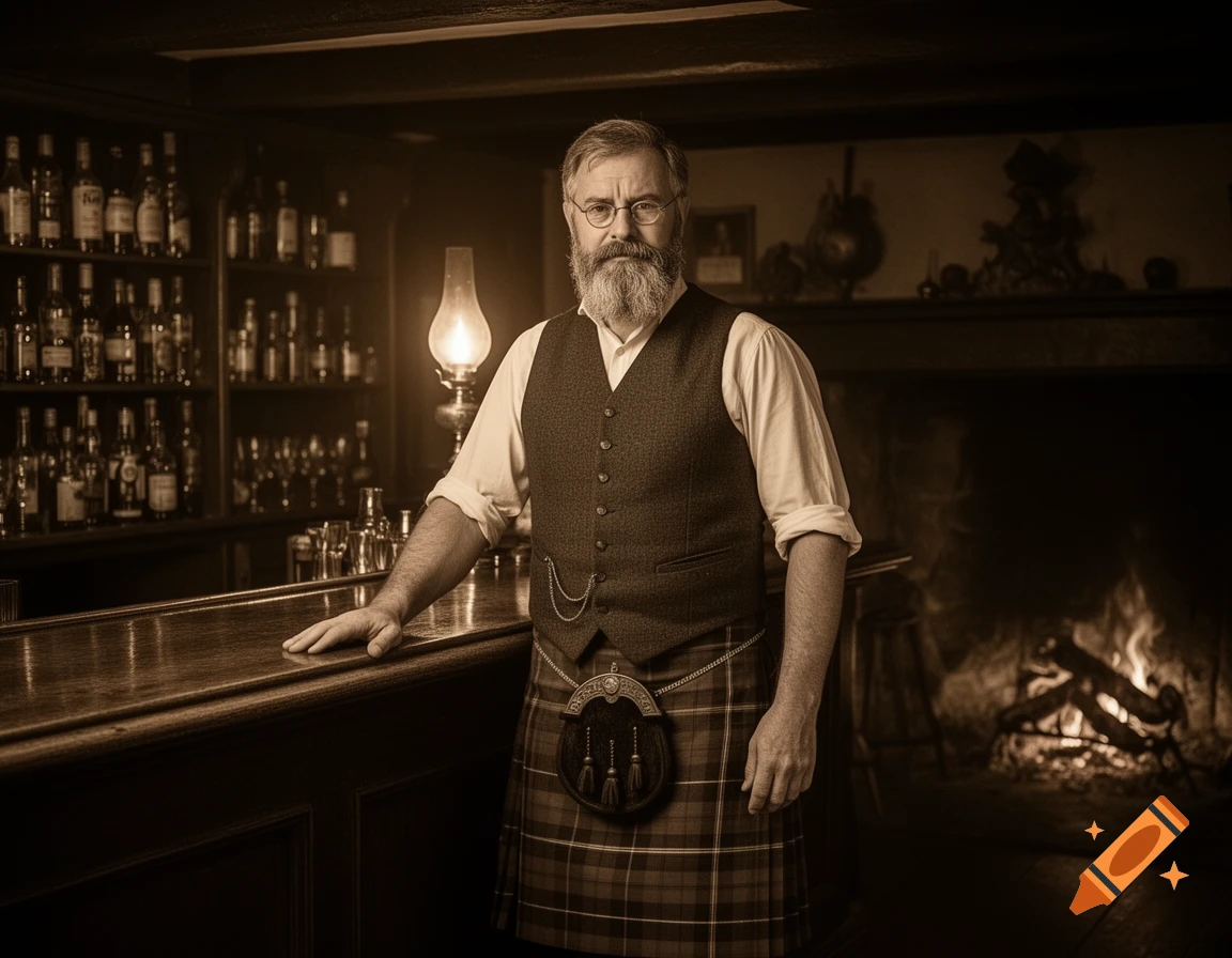 A sepia-toned portrait of a bearded Scottish innkeeper in a kilt and vest, standing at a wooden bar in a cozy, dimly lit pub with a fireplace.