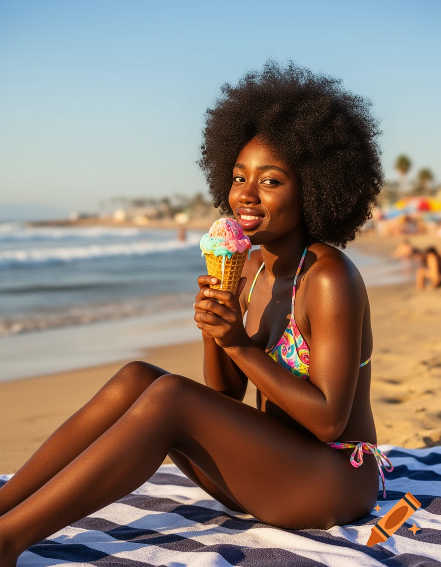 A smiling Black woman with an afro sits on a striped beach towel on a sunny beach, holding a colorful ice cream cone.