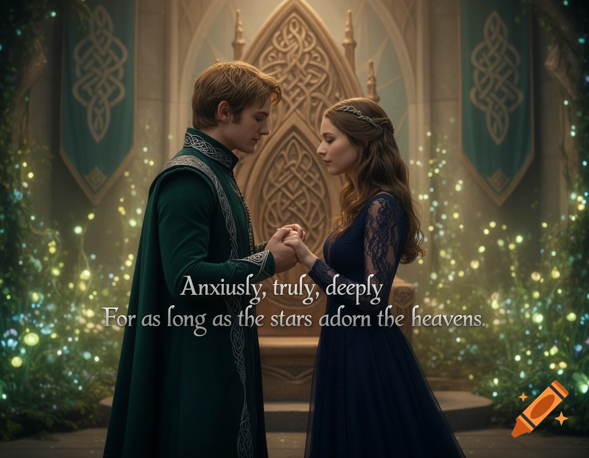A man and woman in elaborate fantasy attire hold hands in a magical, glowing elven hall, with romantic text overlaid.