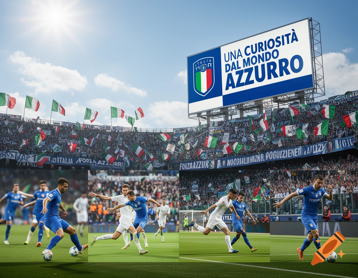 A vibrant, photorealistic collage of a soccer match in a packed stadium under a sunny sky. Italian flags wave in the stands, and a large billboard reads "UNA CURIOSITÀ DAL MONDO AZZURRO".