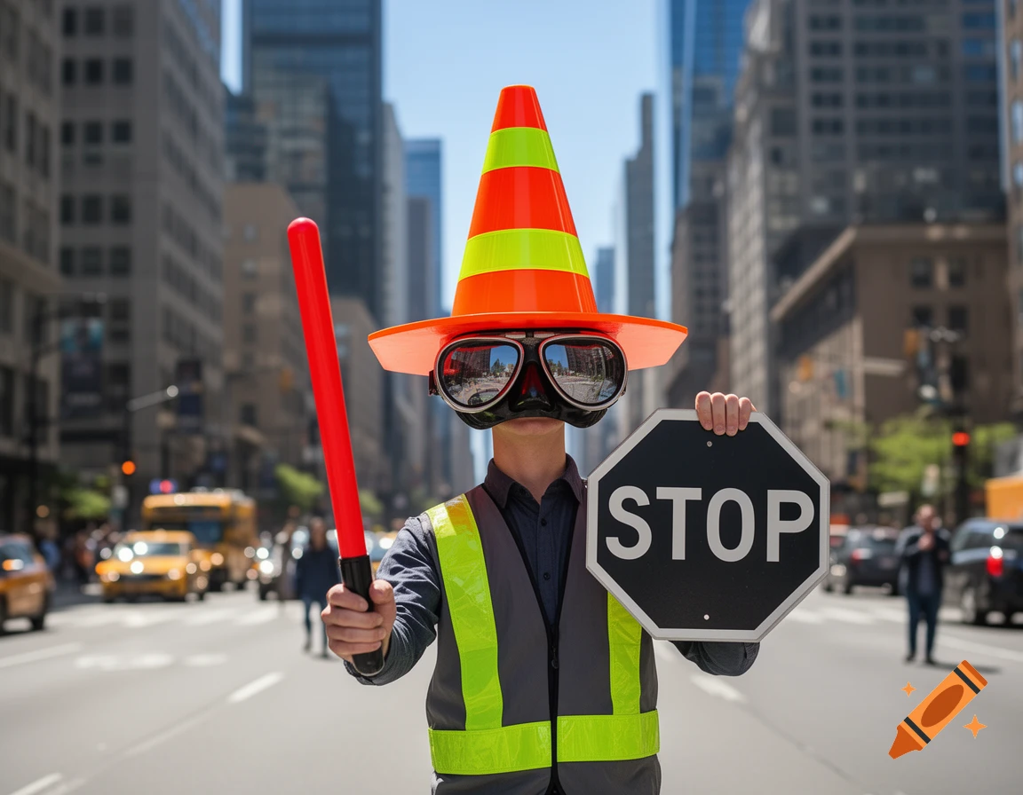 A person in a city street with a traffic cone for a head, dive goggles for eyes, holding a red baton and a stop sign.