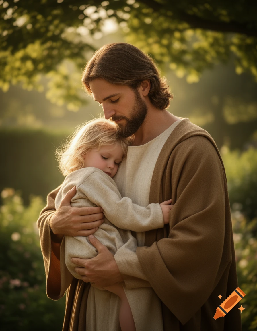 Photorealistic image of Jesus with long hair and beard, embracing a blonde child in a warm, sunlit outdoor setting.