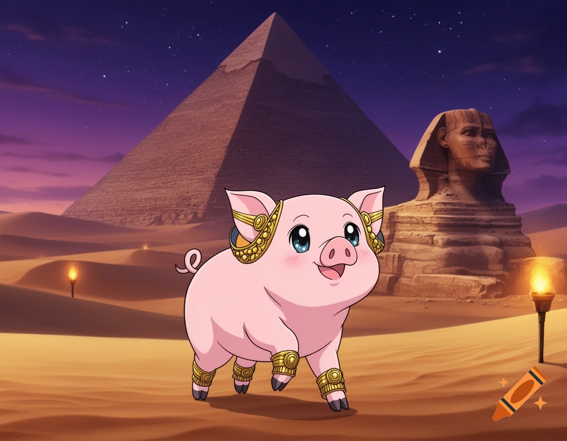 Cute anime pig with gold jewelry walking in a desert with the Great Pyramid and Sphinx under a starry night sky.