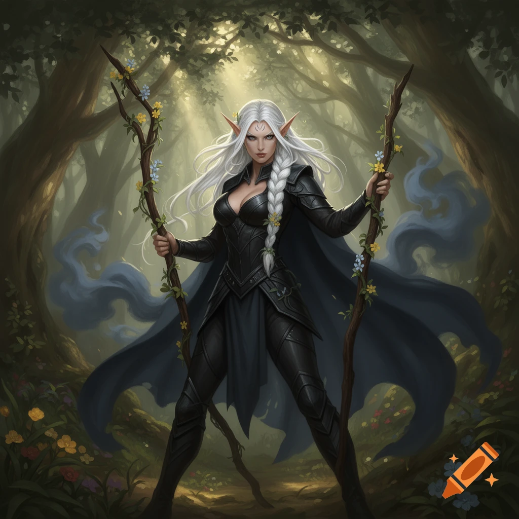 A white-haired elven druid in black armor and a dark blue cloak stands in an enchanted forest, holding two vine-wrapped staffs.