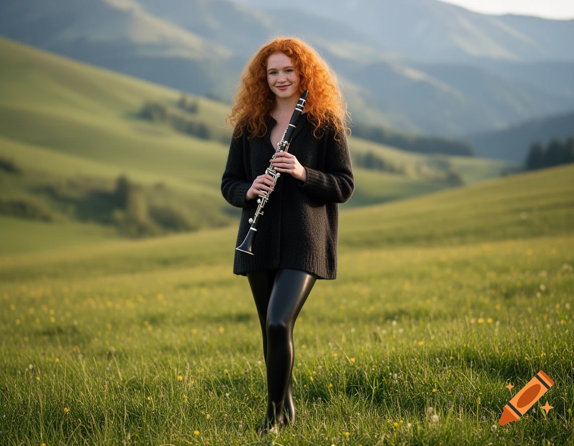 A smiling ginger woman with curly hair holds a clarinet while standing in a grassy field with rolling hills.