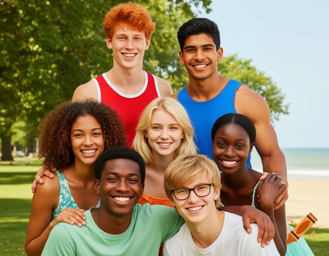 A diverse group of six smiling young adults, three men and three women, pose closely together in a park with a beach in the background, wearing summer clothes.