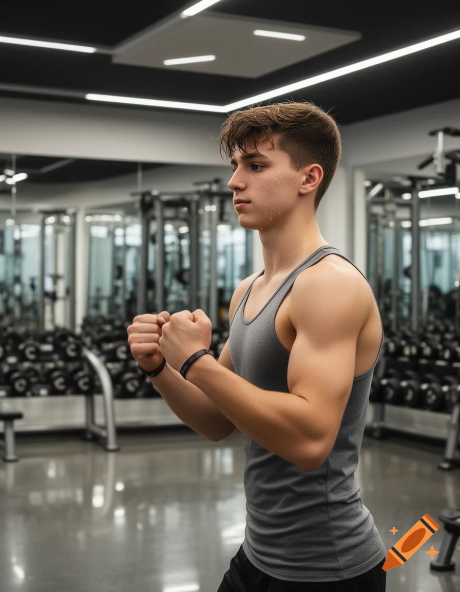 A young man, looking sweaty, stands in a gym with his fists clenched, wearing a gray tank top.