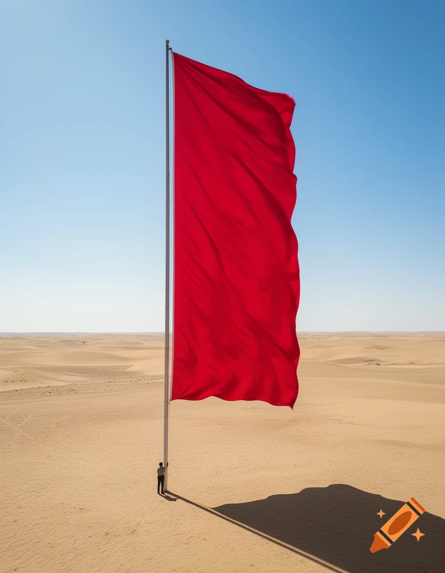A tiny person stands at the base of an impossibly tall flagpole, from which a massive red flag billows across a vast, empty desert under a clear blue sky.