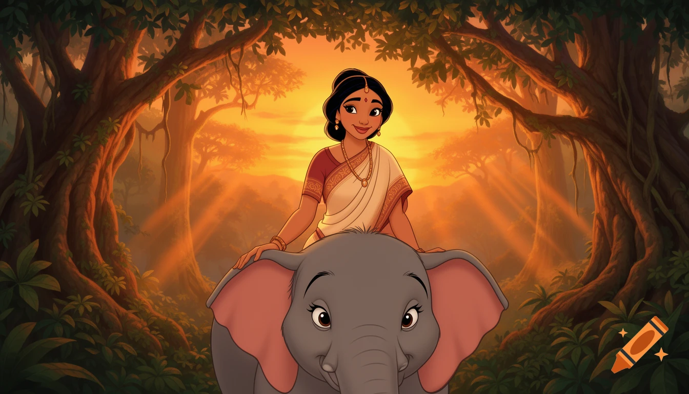 A woman in traditional Indian clothing sits behind a baby elephant in a lush jungle with a sunset background, in 2D animation style.