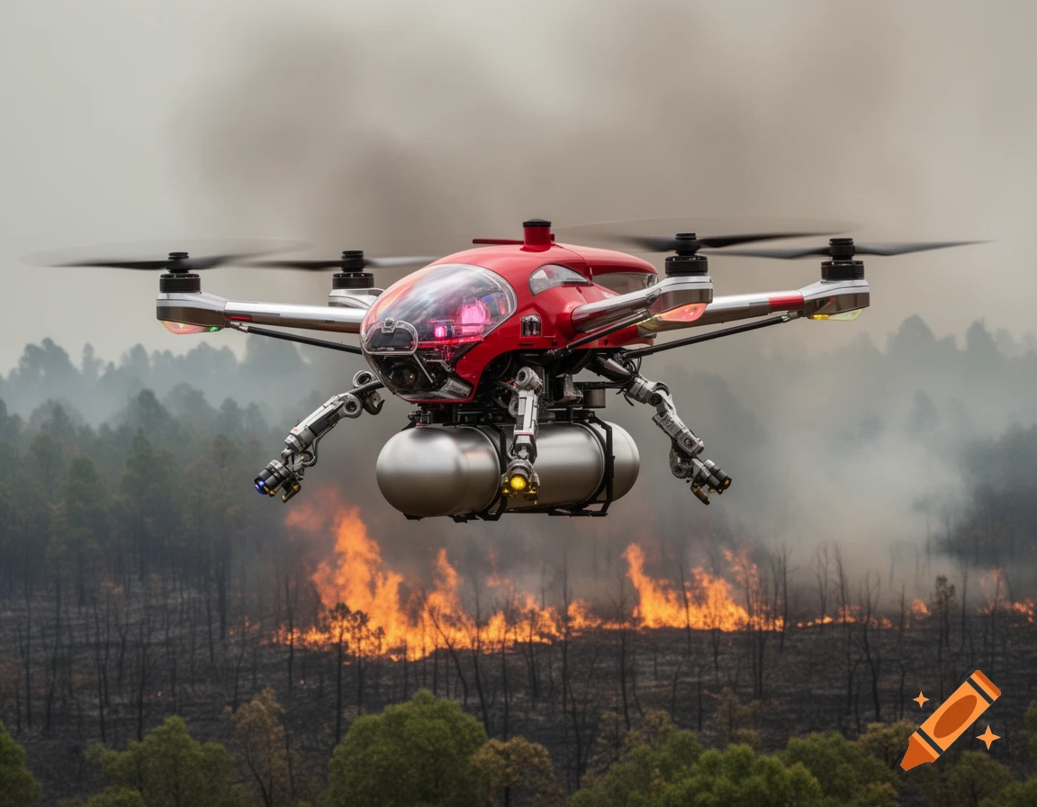 A red firefighter drone with silver tanks flies over a forest engulfed in flames and smoke, photorealistic.