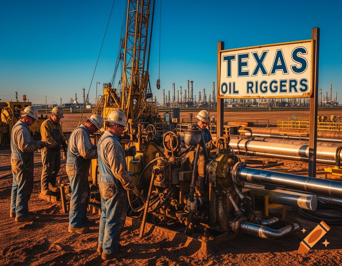 Photorealistic image of oil riggers working on machinery with an oil refinery in the background, under a sign reading 'TEXAS OIL RIGGERS'.
