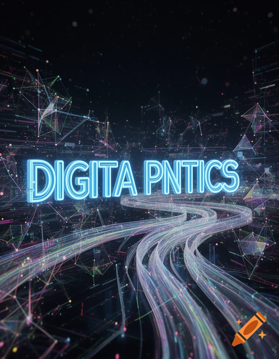 Neon blue text "DIGITA PNTICS" floats above glowing data streams and a complex network of lines and dots on a dark background.