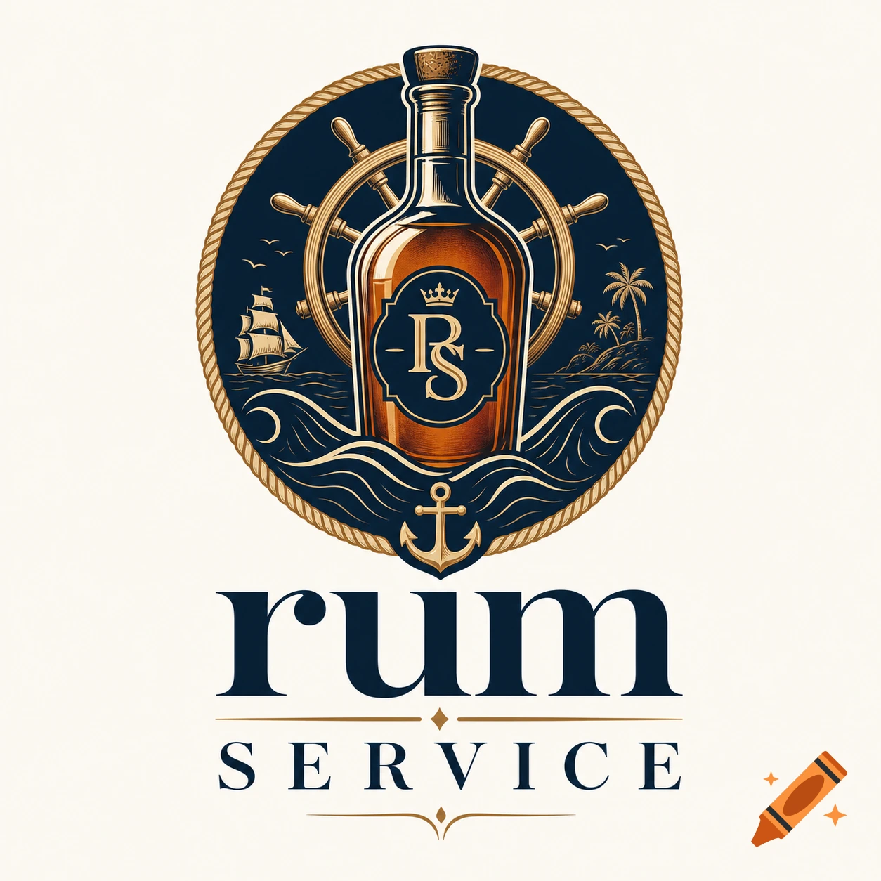 A logo for rum service featuring a rum bottle with 'RS' under a crown, a ship's wheel, a ship, palm trees, anchor, and text 'rum SERVICE'.