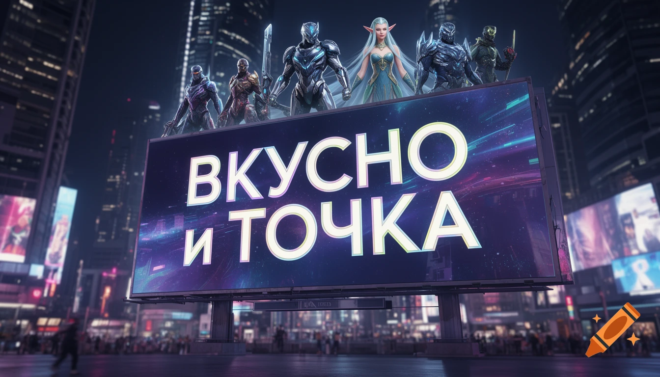 A photorealistic billboard with "ВКУСНО и ТОЧКА" and fantasy sci-fi characters, set against a futuristic city at night.