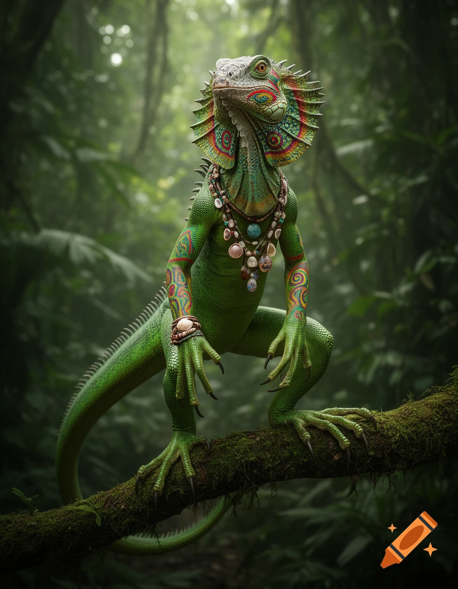 A bipedal green iguana-like creature with colorful frills, body paint, and a shell necklace stands on a mossy branch in a misty jungle.