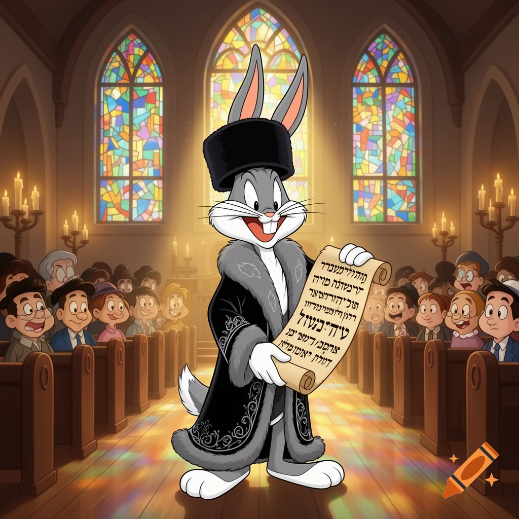 Bugs Bunny as a Rabbi, in a fur-trimmed coat and hat, holds a scroll in a synagogue.