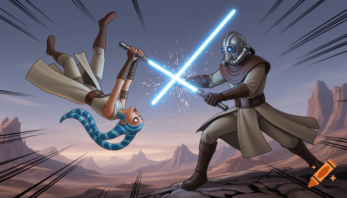 Aayla Secura and Plo Koon engage in a dynamic lightsaber duel against a desert landscape, in a stylized Clone Wars animation style.