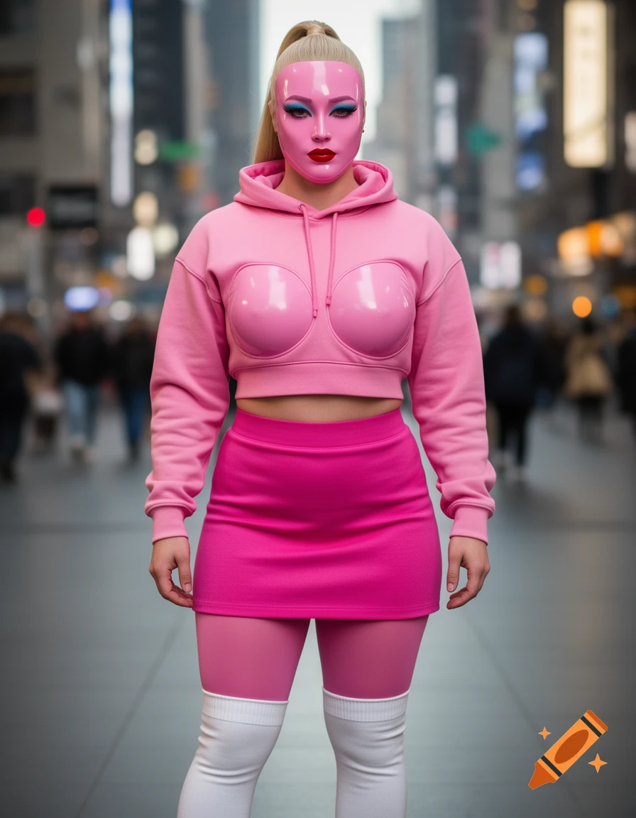 A person in a bright pink cropped hoodie, mini skirt, pink tights, white over-the-knee socks, and a pink latex mask with a blonde ponytail stands on an urban street.