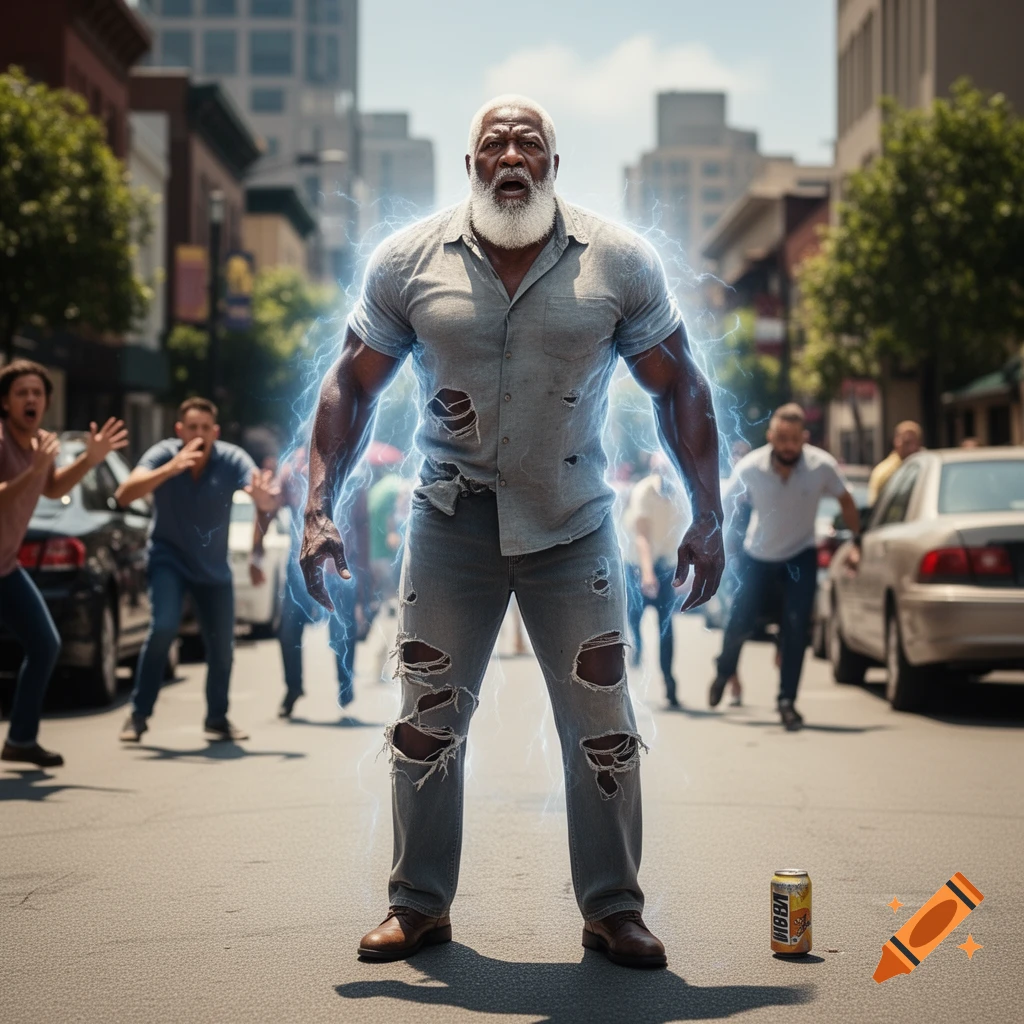 A muscular, white-bearded man in ripped clothes glows with blue electricity in a city street, while people in the background react with fear. A soda can lies at his feet.