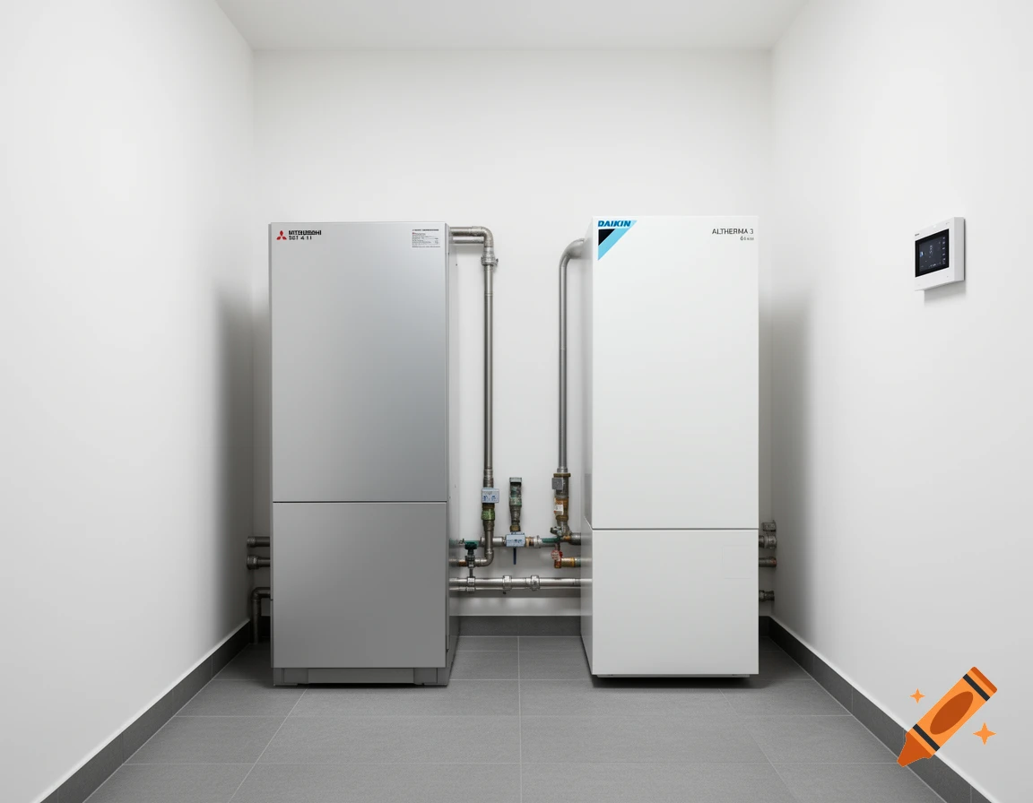 Two modern HVAC units, one grey Mitsubishi and one white Daikin, in a minimalist utility room with grey tiled floor.