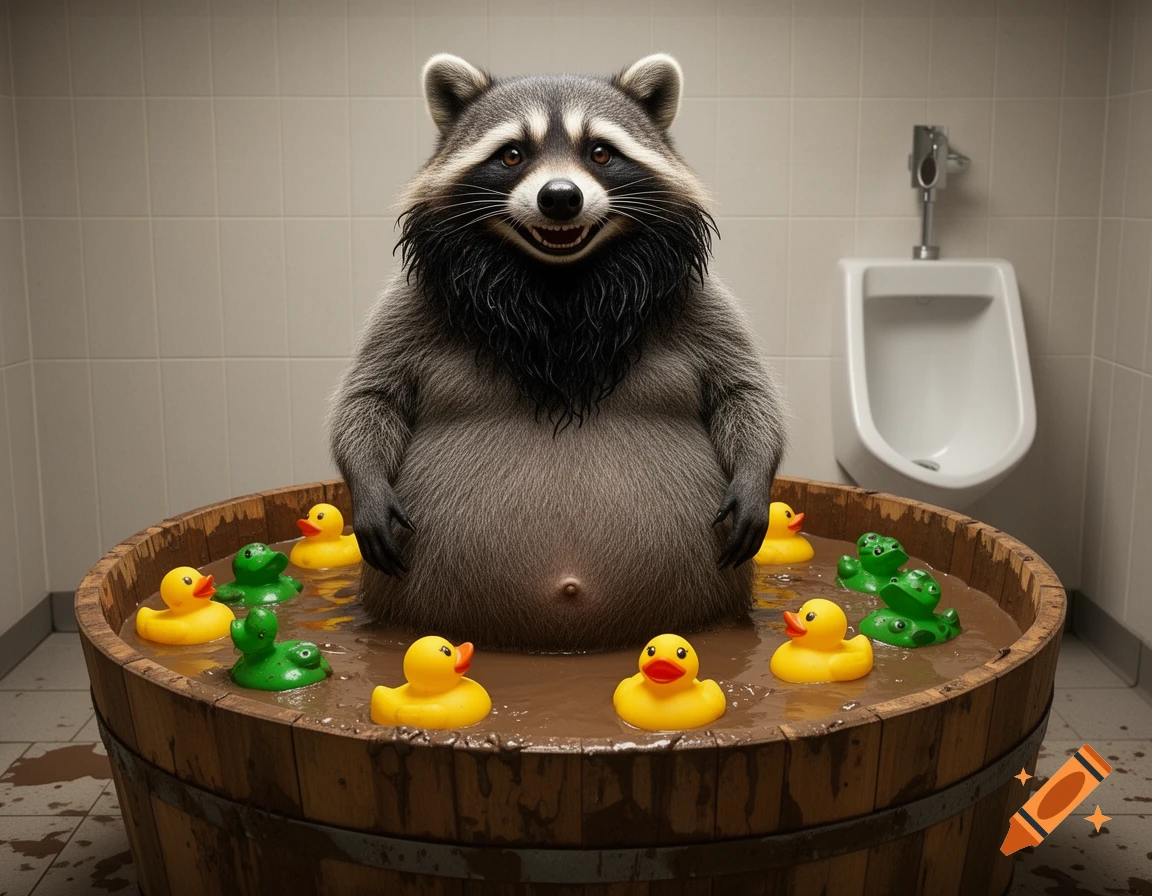 A photorealistic smiling anthropomorphic raccoon with a black beard takes a mud bath in a wooden barrel with rubber ducks.