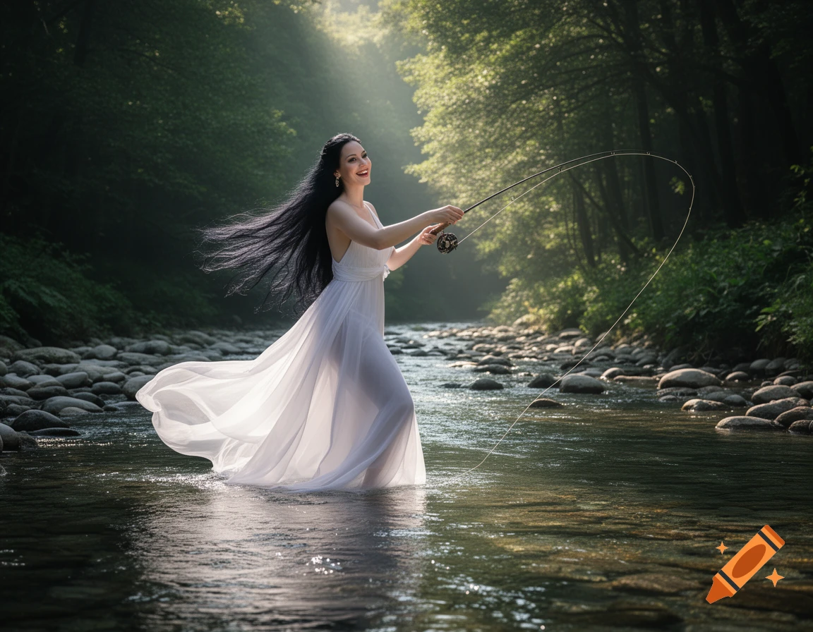 A woman in a white dress fly fishing in a sun-dappled rocky stream in a green forest, smiling happily.