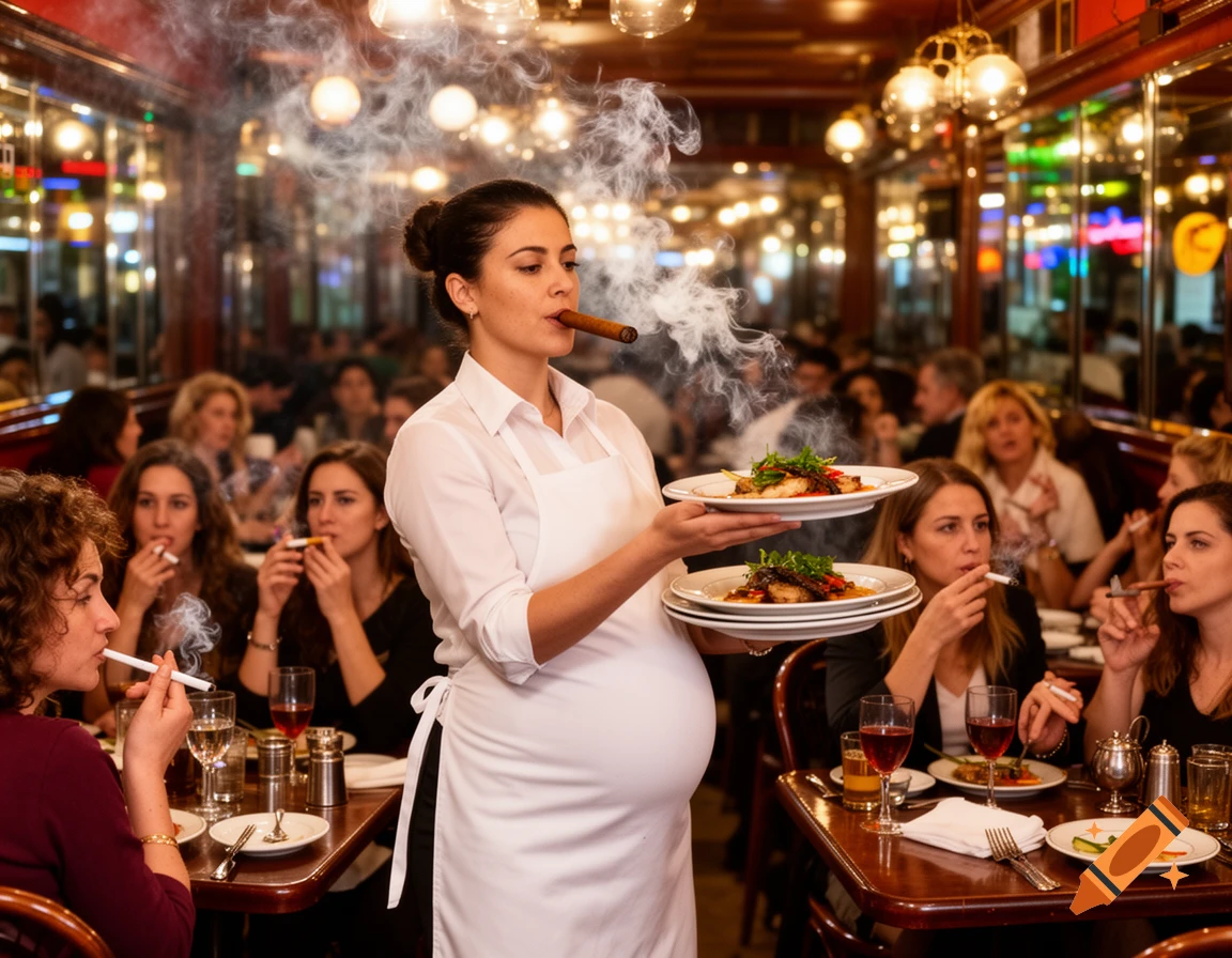 A pregnant waitress in a crowded restaurant holds two plates of food, smoking a cigar, while other patrons also smoke.