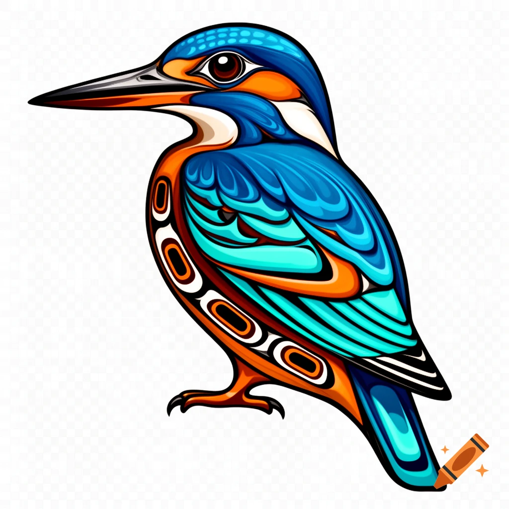 Stylized kingfisher illustration in vibrant blue, orange, and white Pacific Northwest indigenous art style on transparent background.